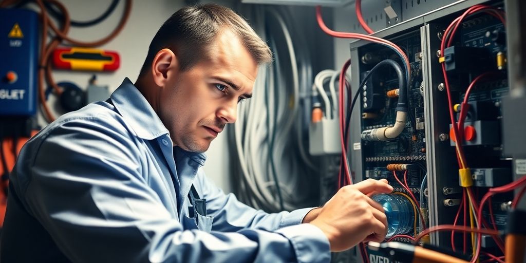 Electrician working on electrical circuits with tools.