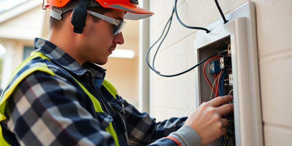 Electrician fixing urgent electrical issues in a home.
