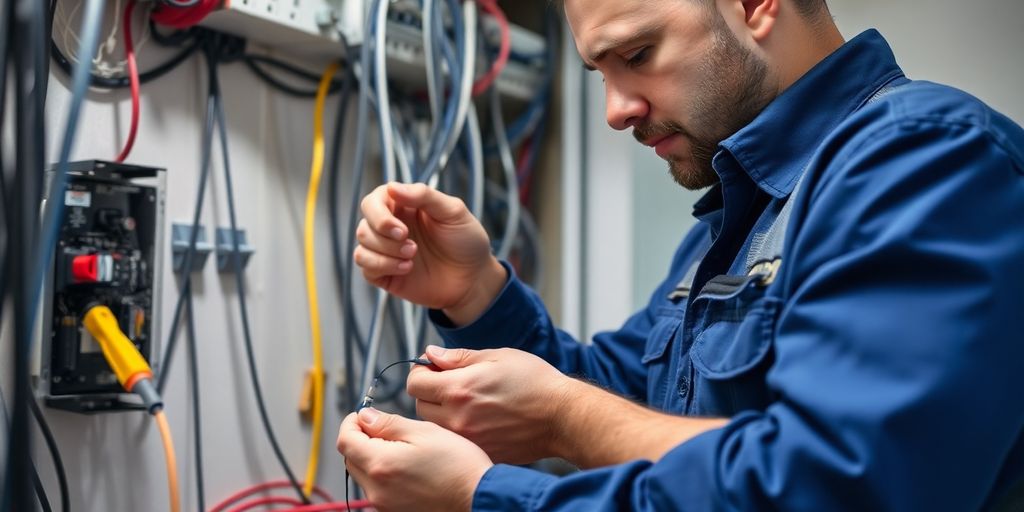 Electrician working with electrical wiring and tools.
