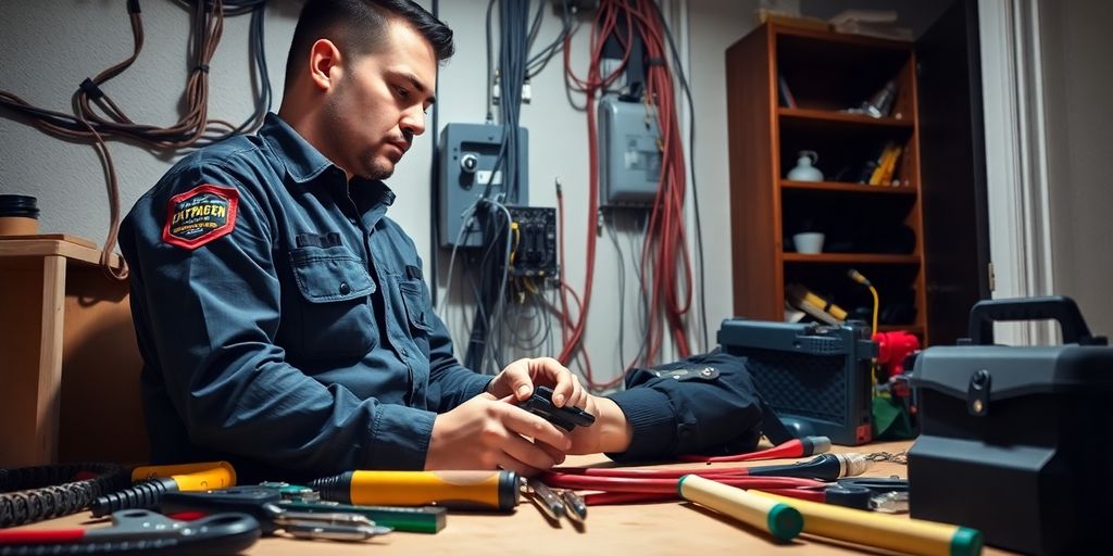 Electrician repairing electrical wiring in a residential setting.